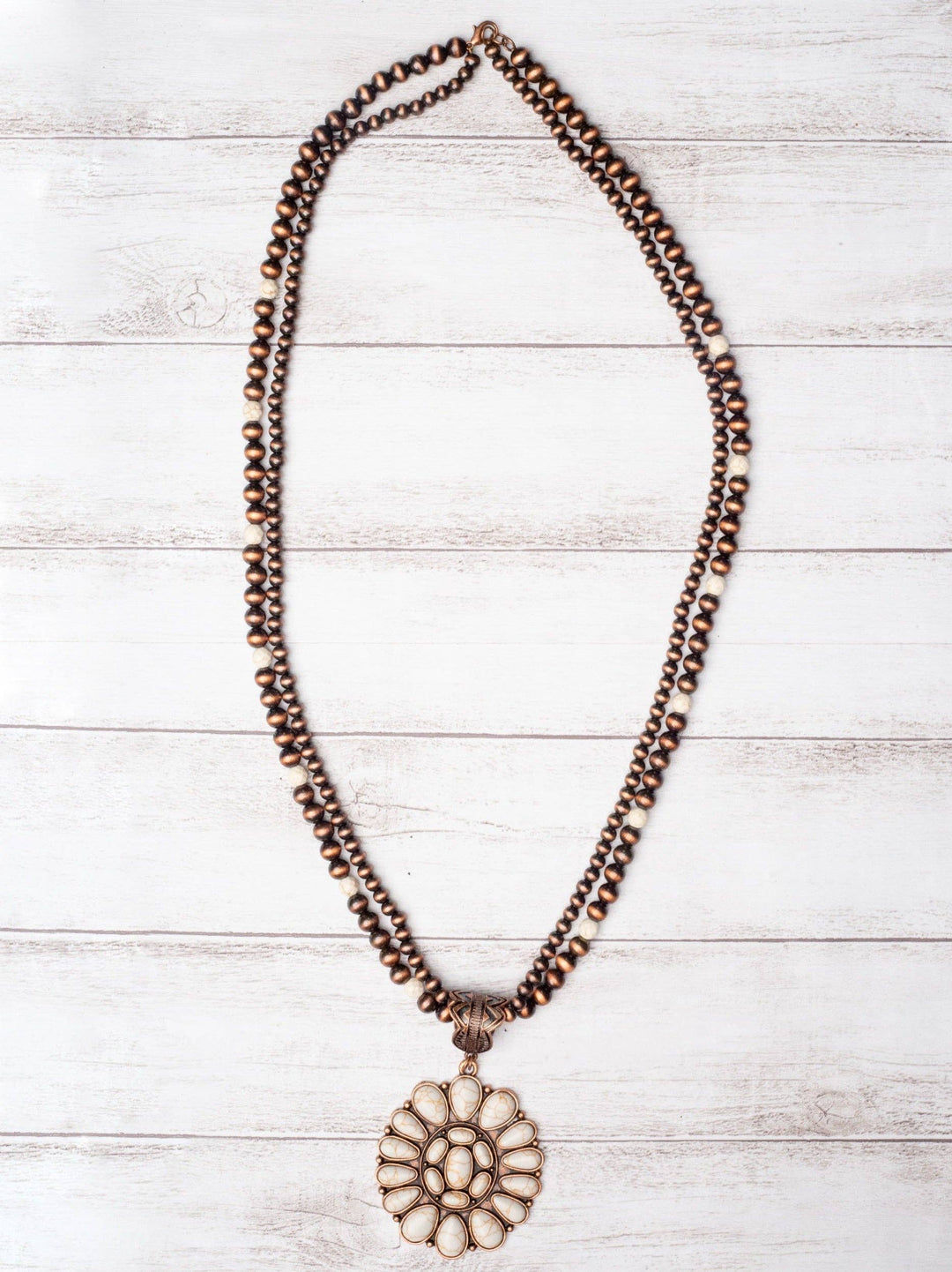 BUCKLE UP BUTTERCUP CREAM HOWLITE  Southern Grace - E FLORAL CONCHO ON COPPER NAVAJO PEARLS NECKLACE