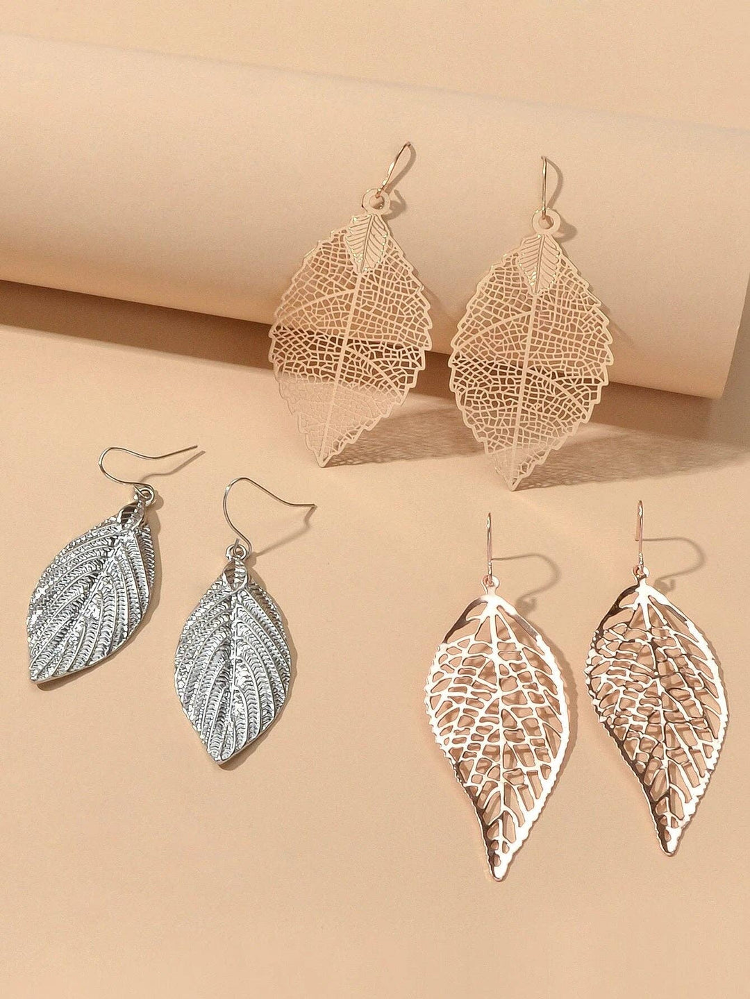 3pairs Gold Silver Hollow Mesh Leaf Dangle Drop Earrings Set  Feelontop Jewellery -