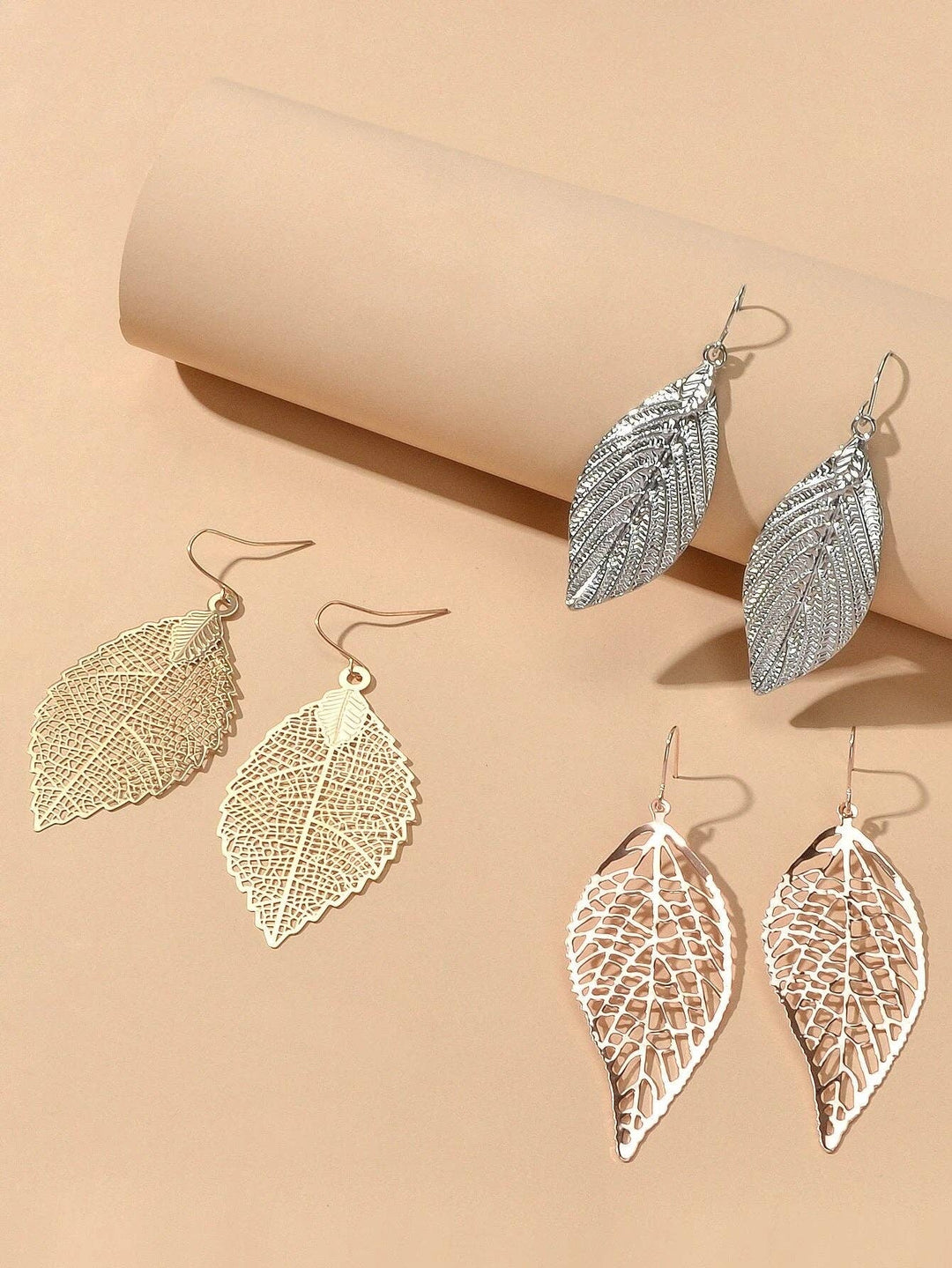 3pairs Gold Silver Hollow Mesh Leaf Dangle Drop Earrings Set  Feelontop Jewellery -