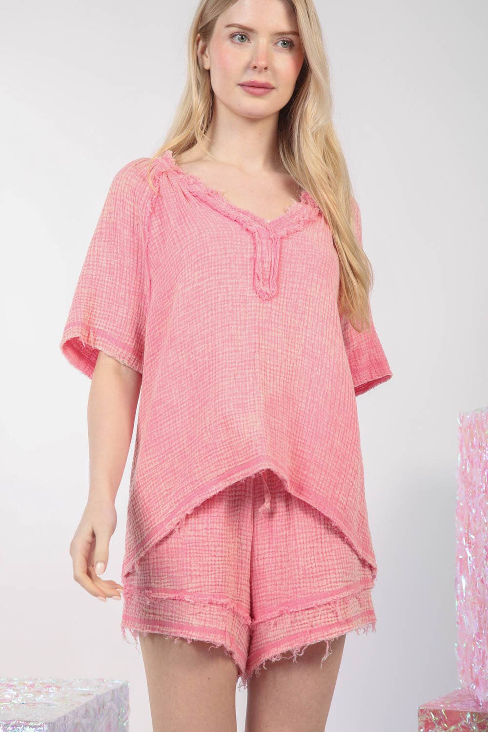 Washed Cotton Crinkle Gauze Top & Shorts Set    VERY J - NT11566SET-