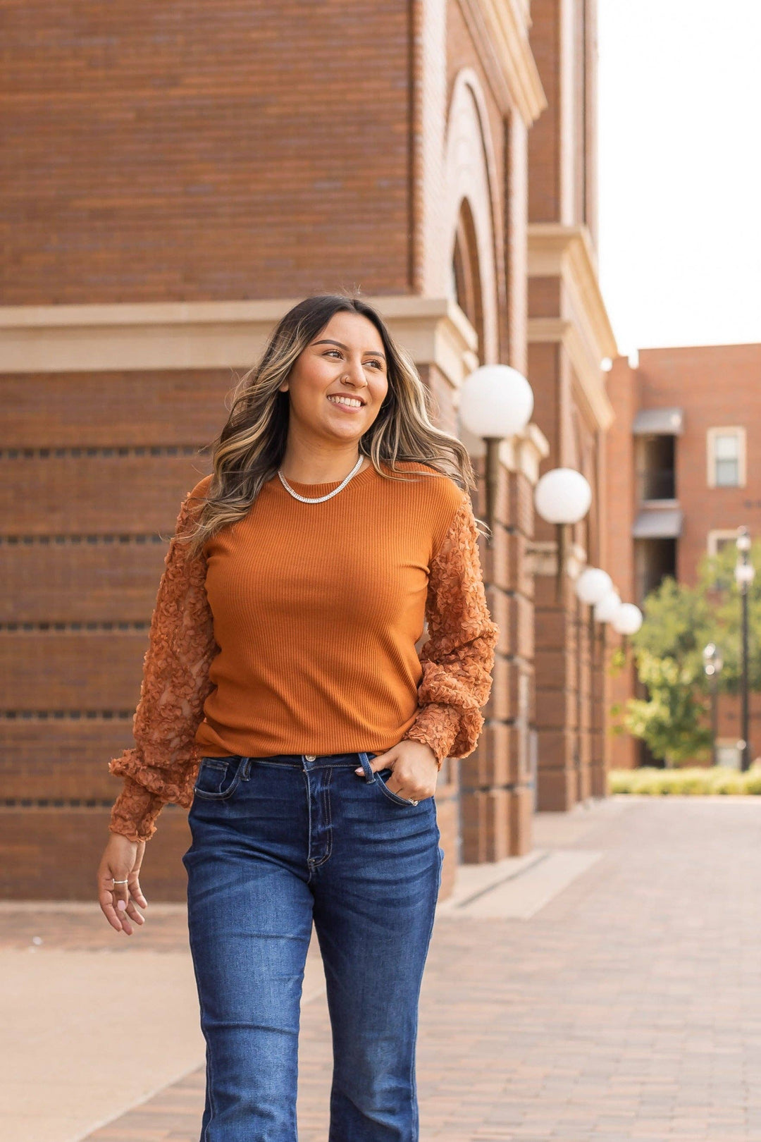 Miss Perfect Rust Floral Mesh Sleeve   Southern Grace