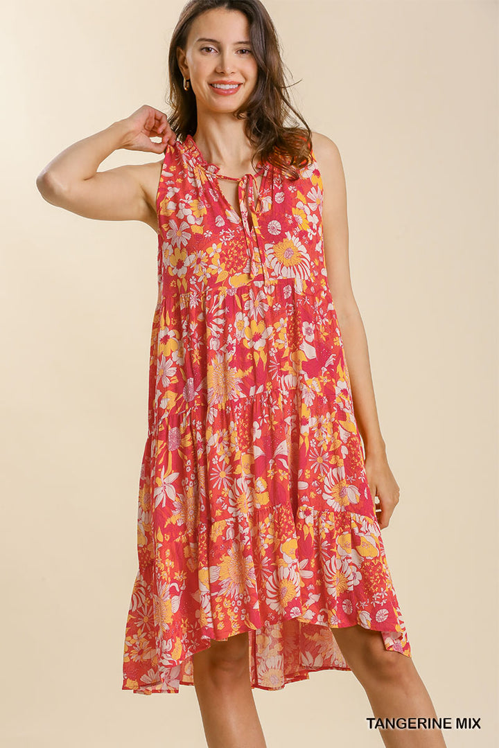 Mixed Floral Print Sleeveless Tie Front Midi Dress with High Low Hem and No Lining