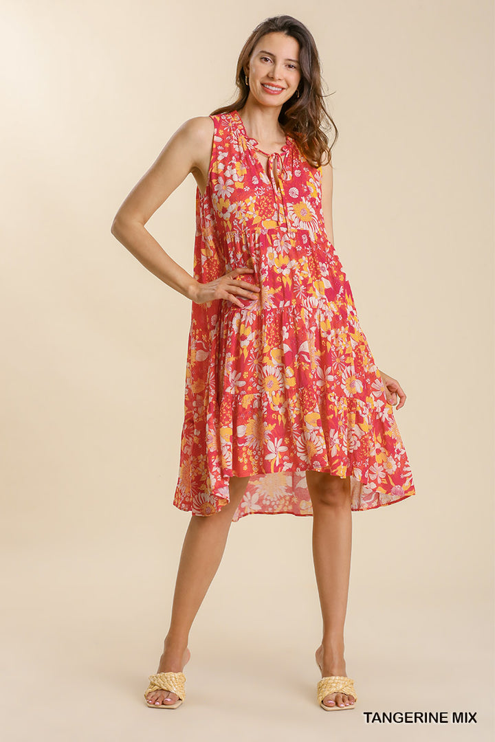 Mixed Floral Print Sleeveless Tie Front Midi Dress with High Low Hem and No Lining