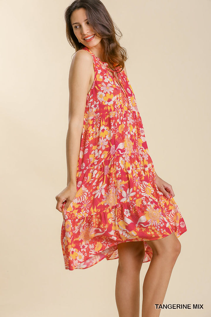 Mixed Floral Print Sleeveless Tie Front Midi Dress with High Low Hem and No Lining