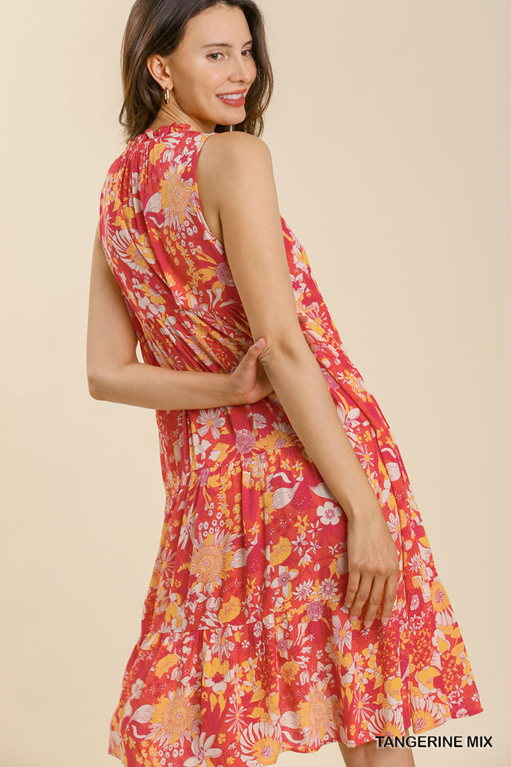 Mixed Floral Print Sleeveless Tie Front Midi Dress with High Low Hem and No Lining