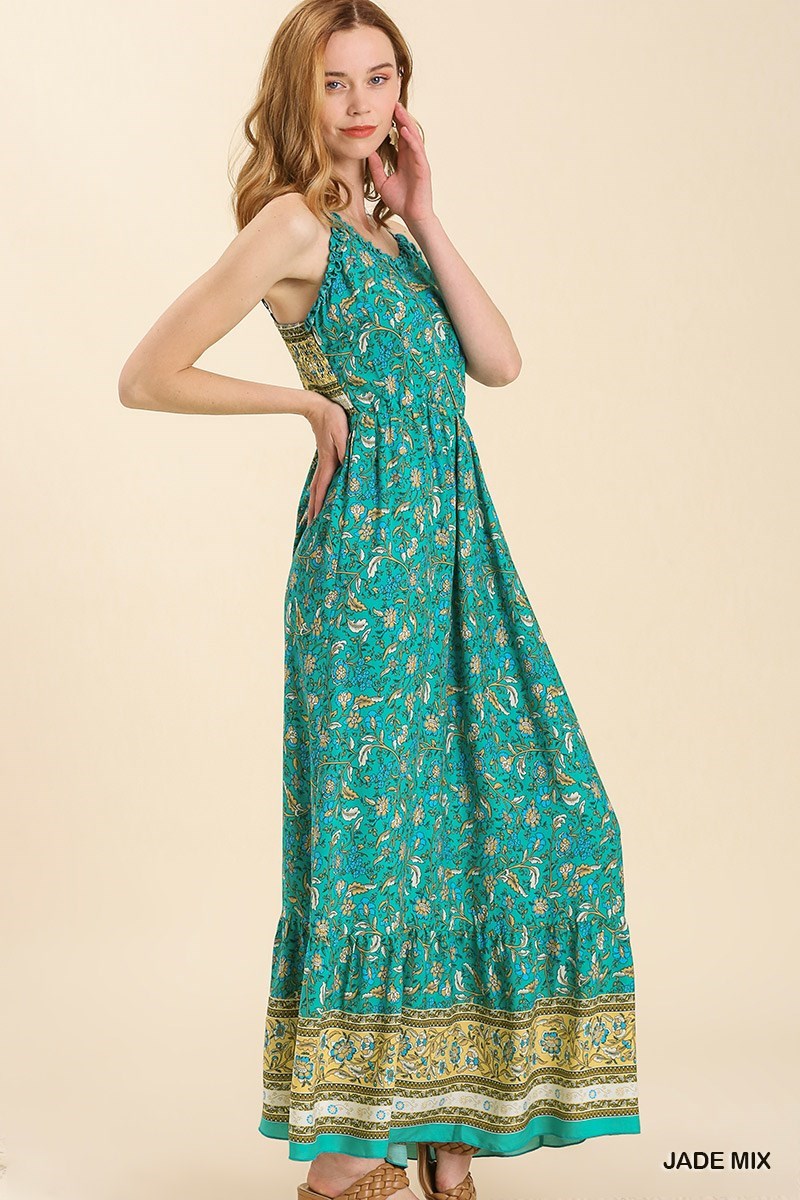 Mixed Border Print Sleeveless Ruffle Hem Maxi Dress & No Lining