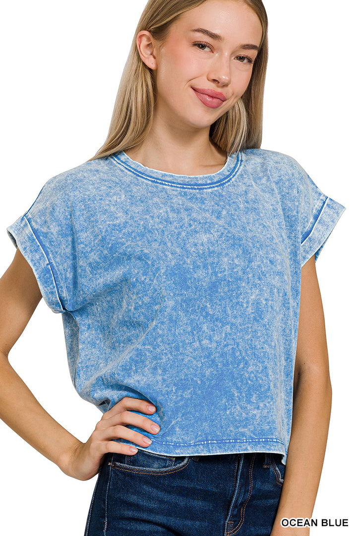 WASHED COTTON CUFFED SHORT SLEEVE TOP