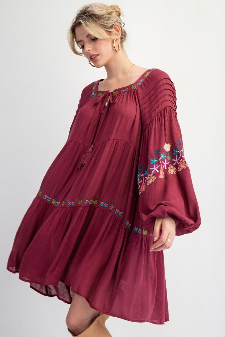 EASEL EMBROIDERY DETAILING RAYON GAUZE WOVEN DRESS