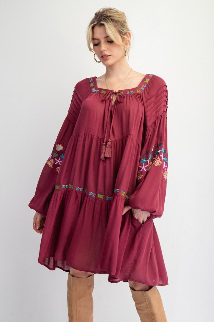 EASEL EMBROIDERY DETAILING RAYON GAUZE WOVEN DRESS