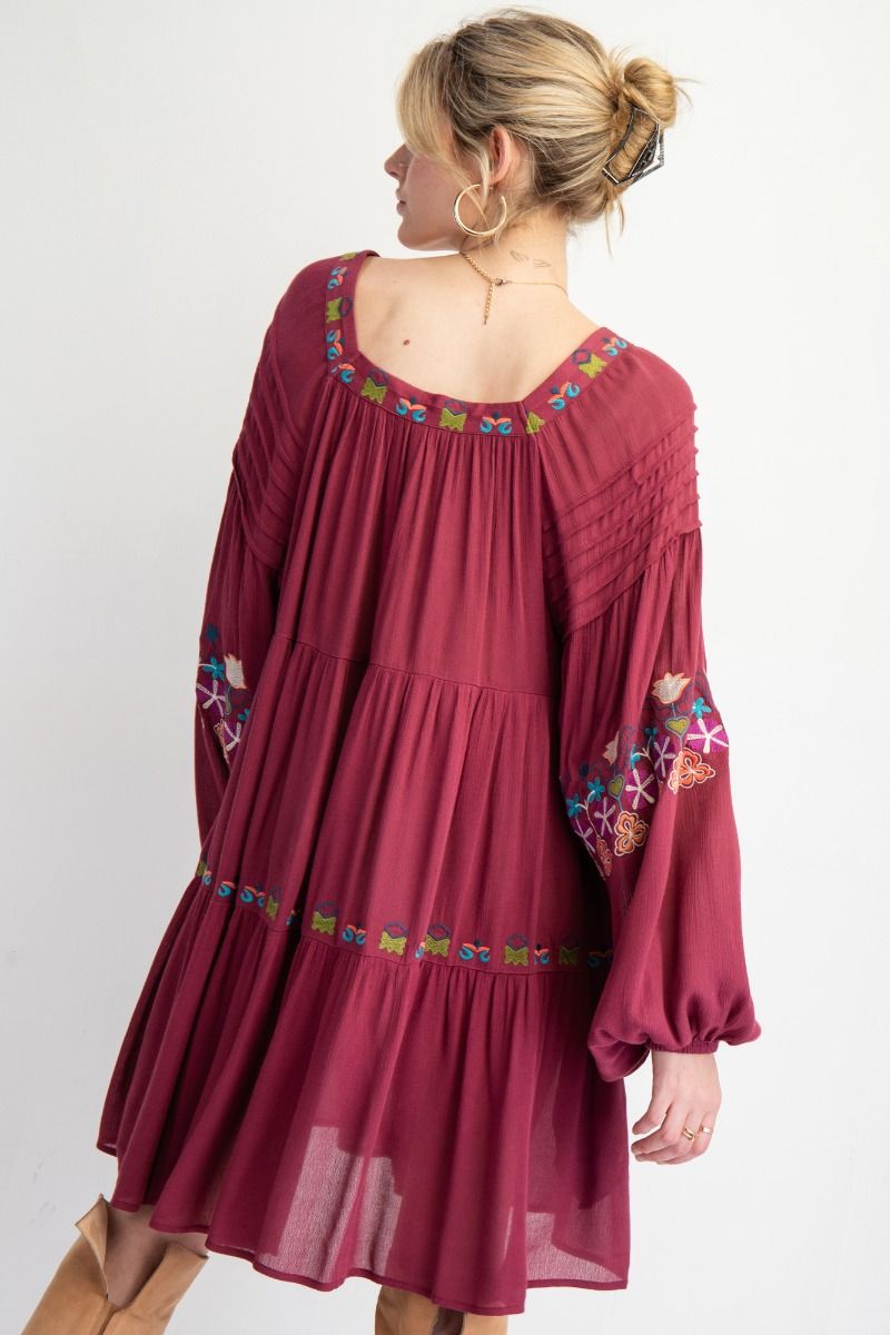 EASEL EMBROIDERY DETAILING RAYON GAUZE WOVEN DRESS