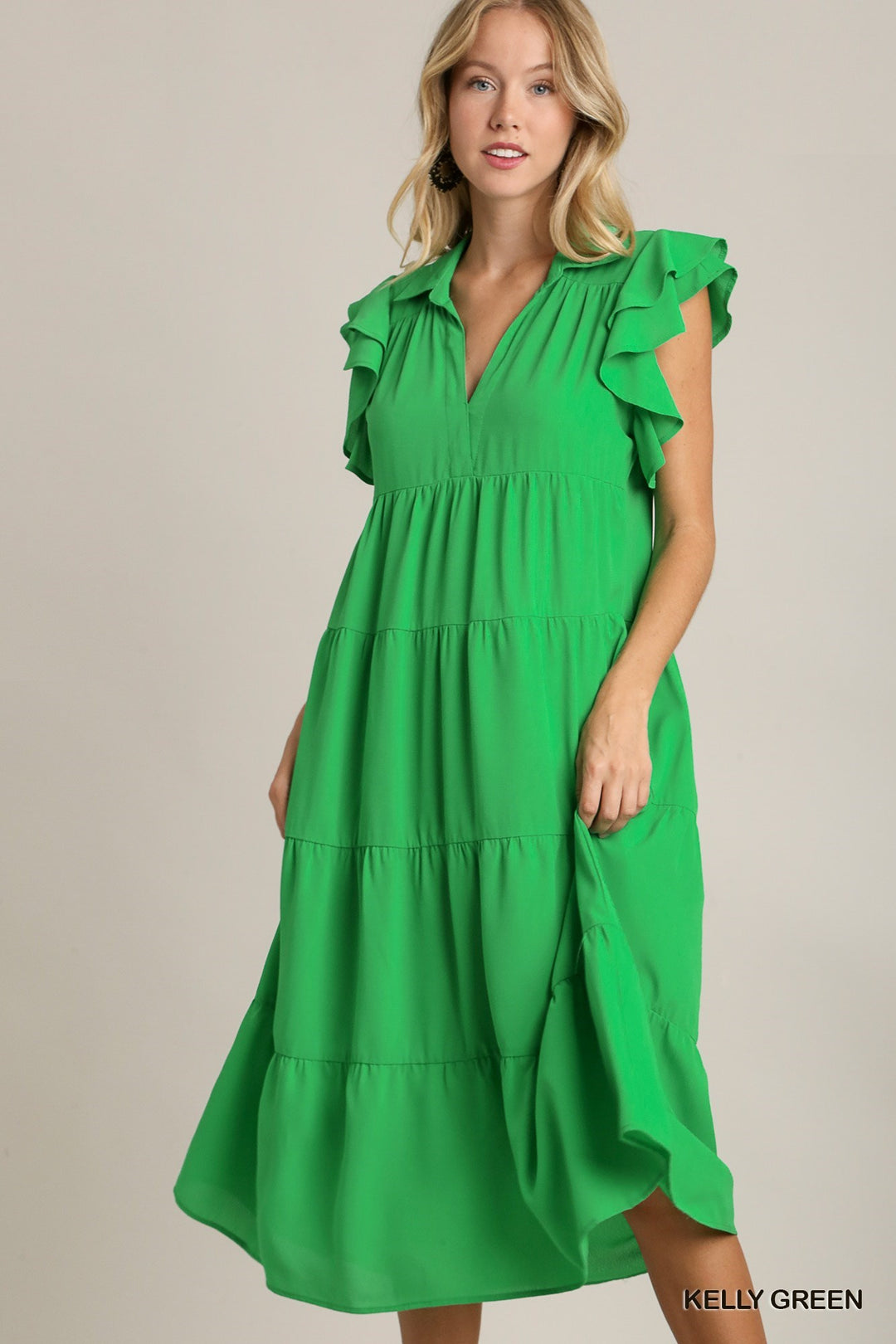 A-LINE COLLARD TIERED MIDI DRESS W/ RUFFLE IN KELLY GREEN