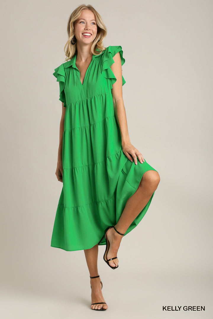 A-LINE COLLARD TIERED MIDI DRESS W/ RUFFLE IN KELLY GREEN