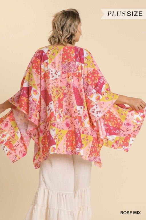 Mixed Print Open Front Kimono with Side Slits