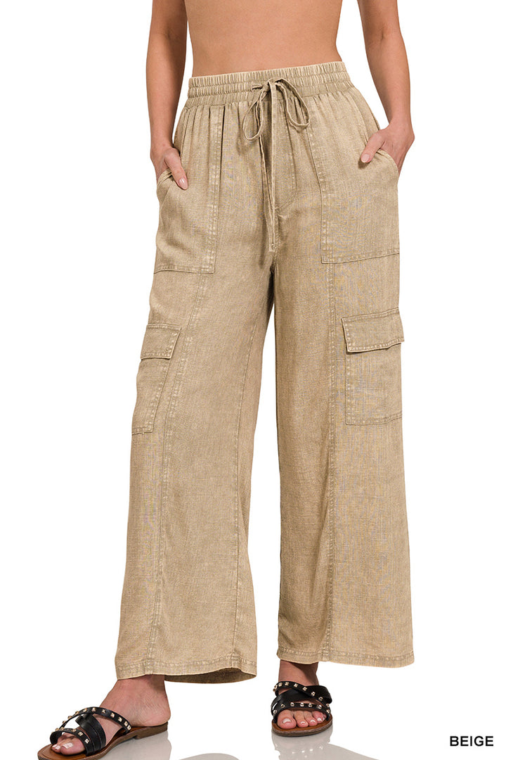 WASHED LINEN ELASTIC BAND WAIST CARGO PANTS