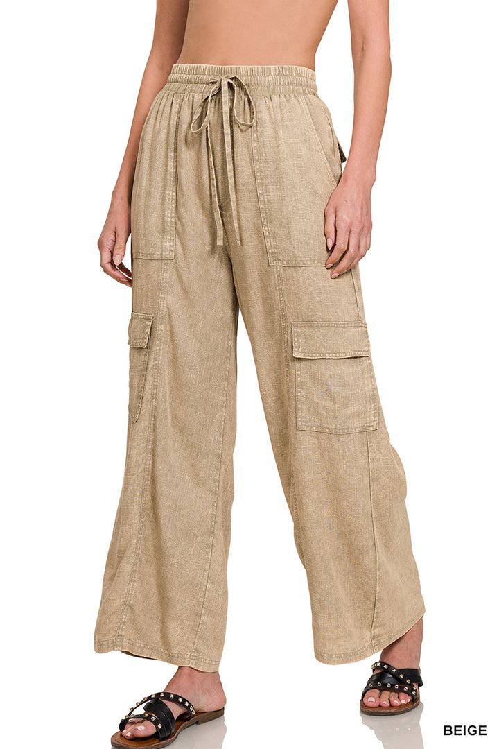 WASHED LINEN ELASTIC BAND WAIST CARGO PANTS