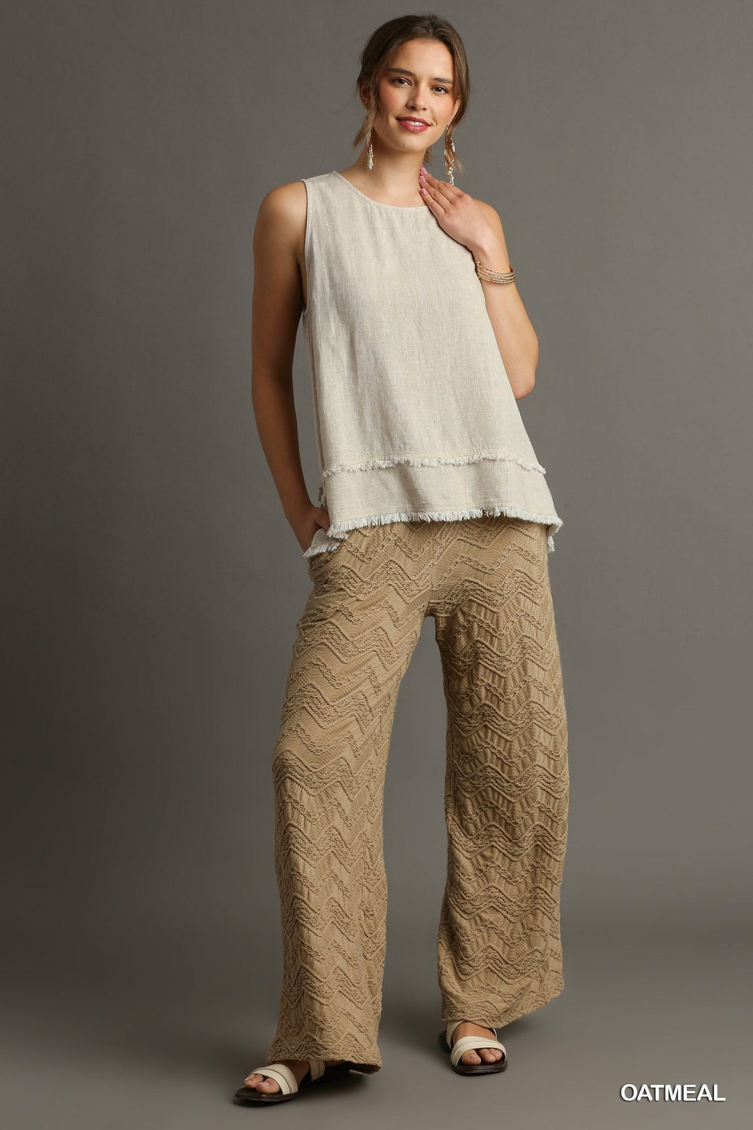 Linen Blend Round Neck Sleeveless Fray Hem Top with Back Button Keyhole Oatmeal