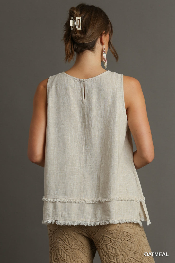 Linen Blend Round Neck Sleeveless Fray Hem Top with Back Button Keyhole Oatmeal