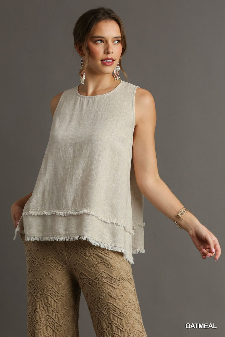 Linen Blend Round Neck Sleeveless Fray Hem Top with Back Button Keyhole Oatmeal