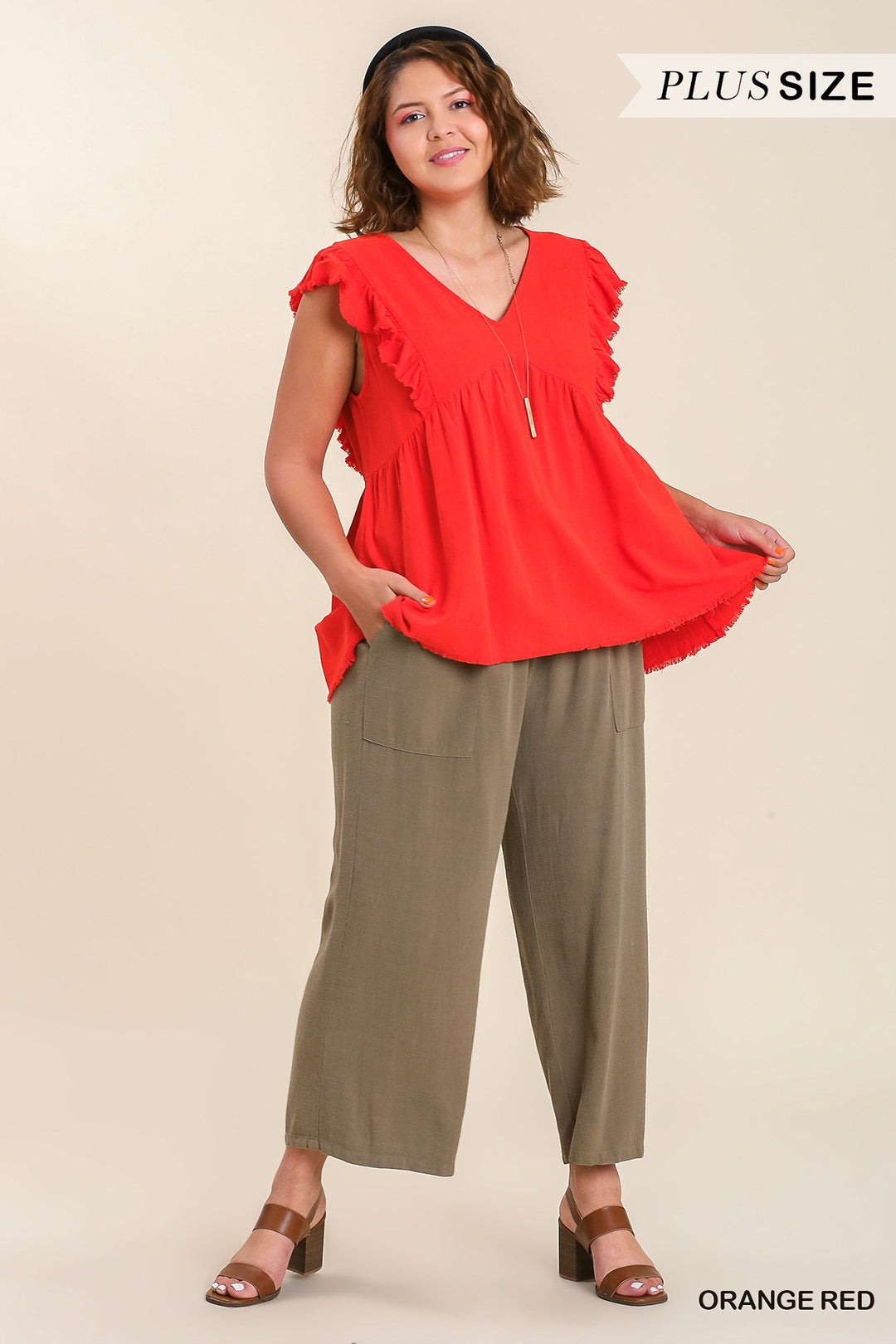 The UMGEE Linen Blend Ruffle Sleeve Top in Orange Red