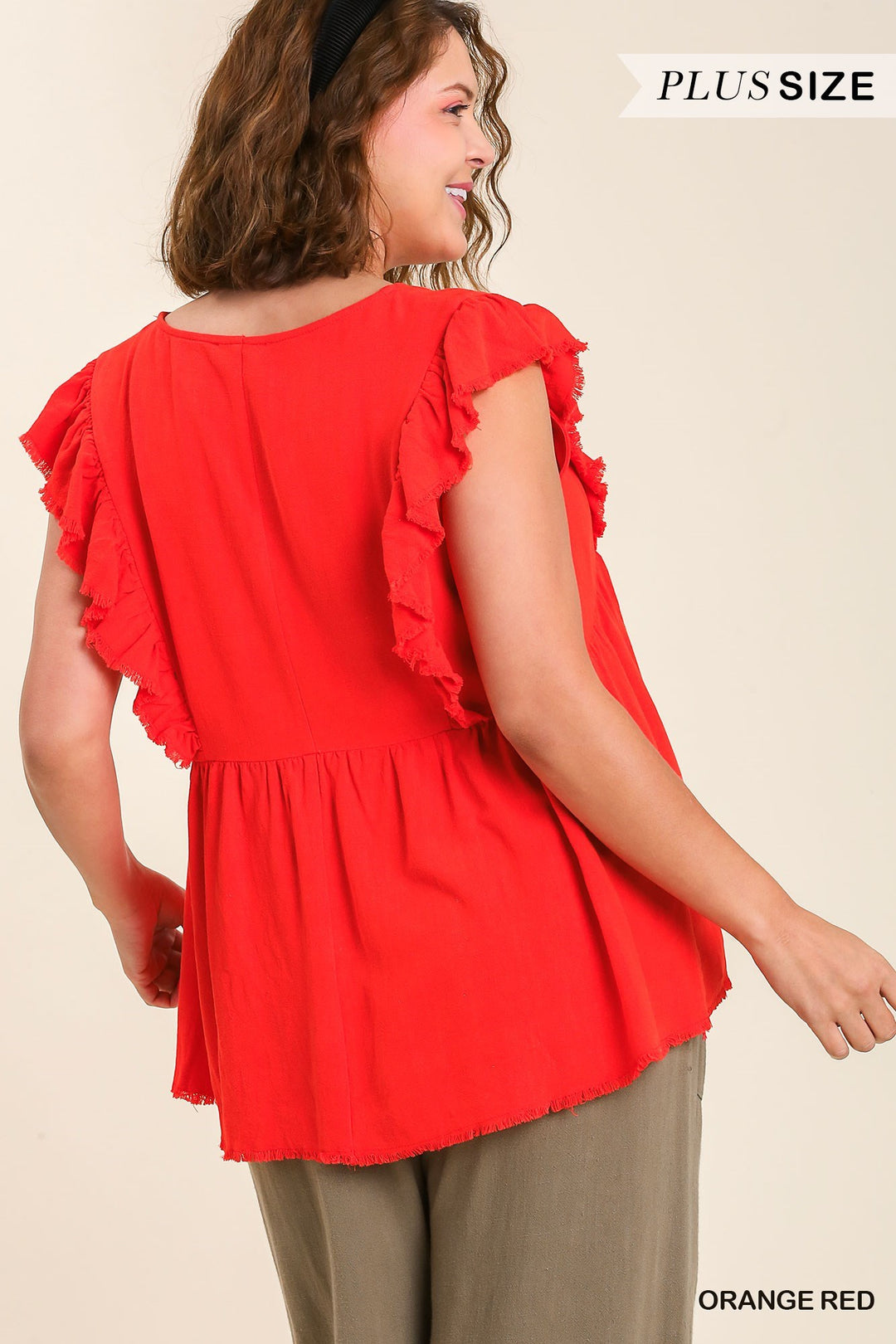 The UMGEE Linen Blend Ruffle Sleeve Top in Orange Red