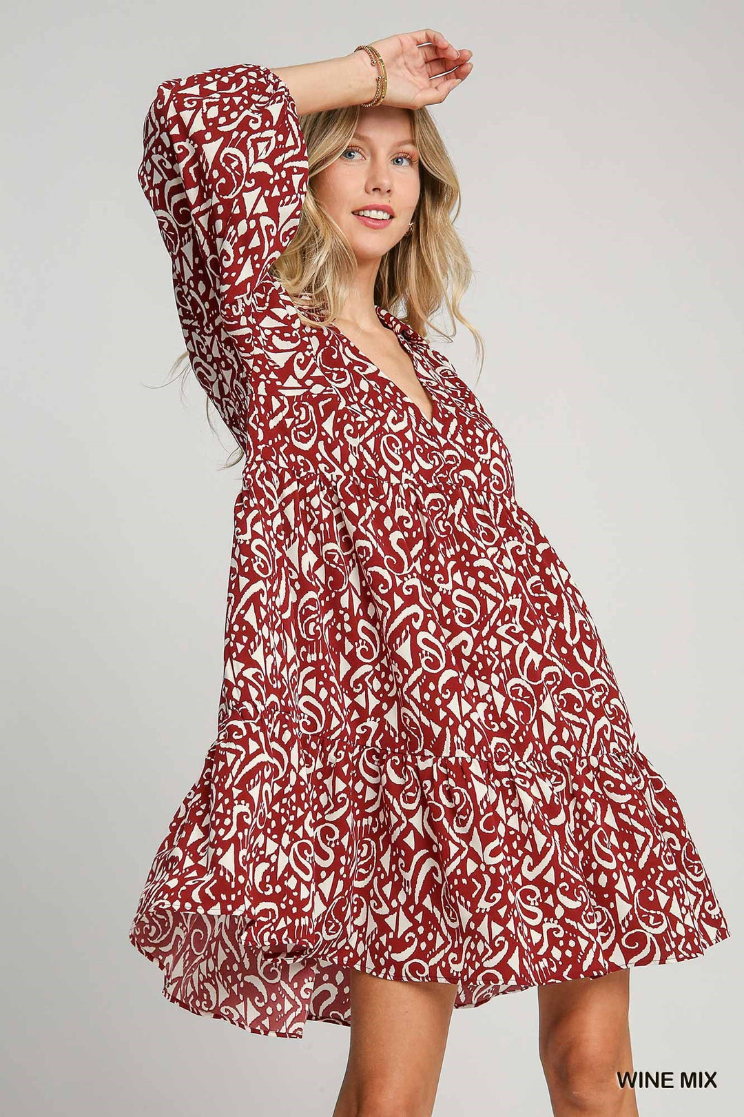 UMGEE Two Tone Print Tiered Dress WINE MIX