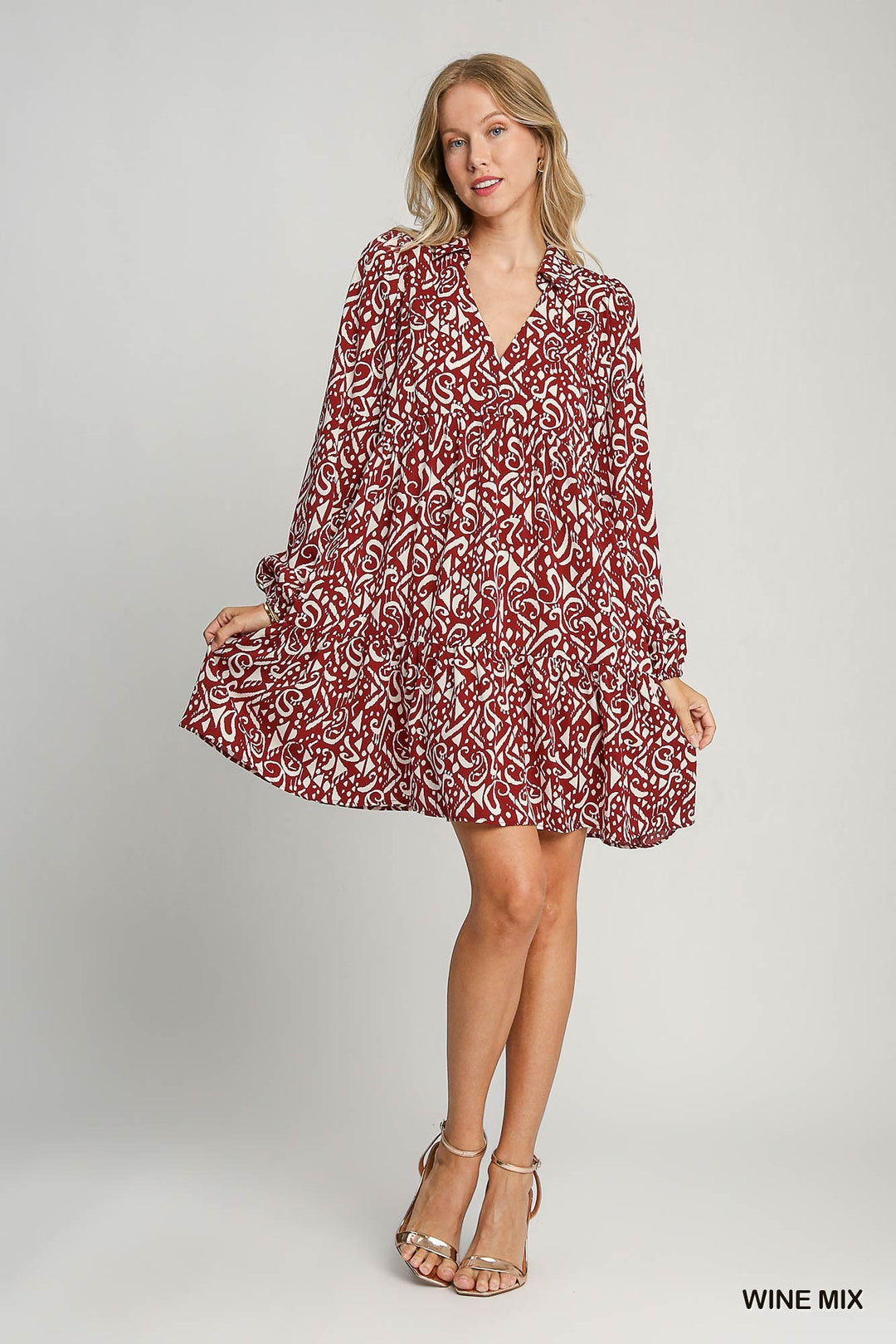 UMGEE Two Tone Print Tiered Dress WINE MIX