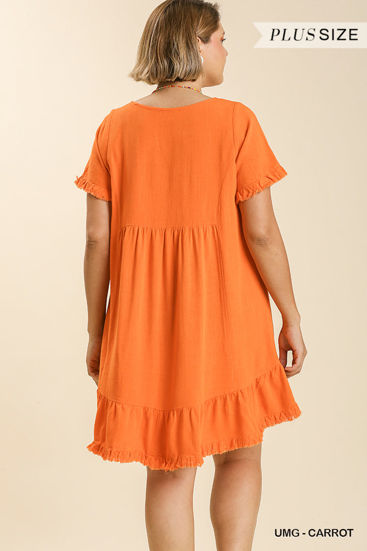 Linen Blend Short Sleeve Round Neck Dress with Ruffle Trim and Frayed Edges