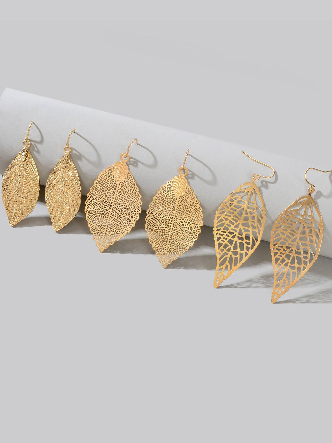 3pairs Gold Silver Hollow Mesh Leaf Dangle Drop Earrings Set  Feelontop Jewellery -