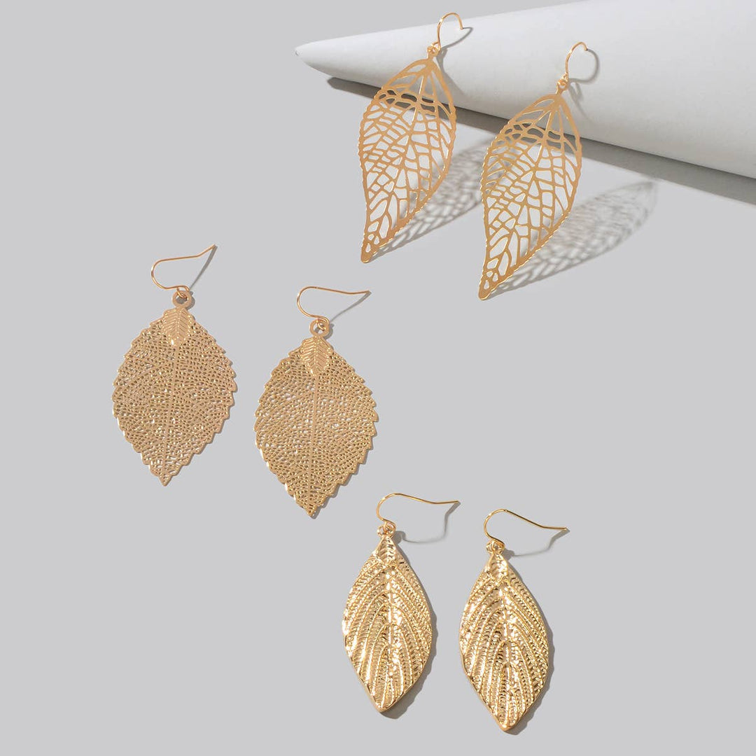 3pairs Gold Silver Hollow Mesh Leaf Dangle Drop Earrings Set  Feelontop Jewellery -