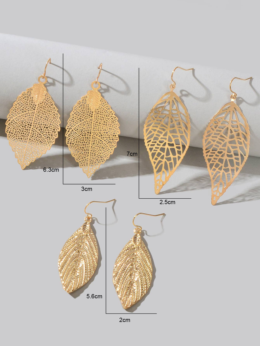 3pairs Gold Silver Hollow Mesh Leaf Dangle Drop Earrings Set  Feelontop Jewellery -