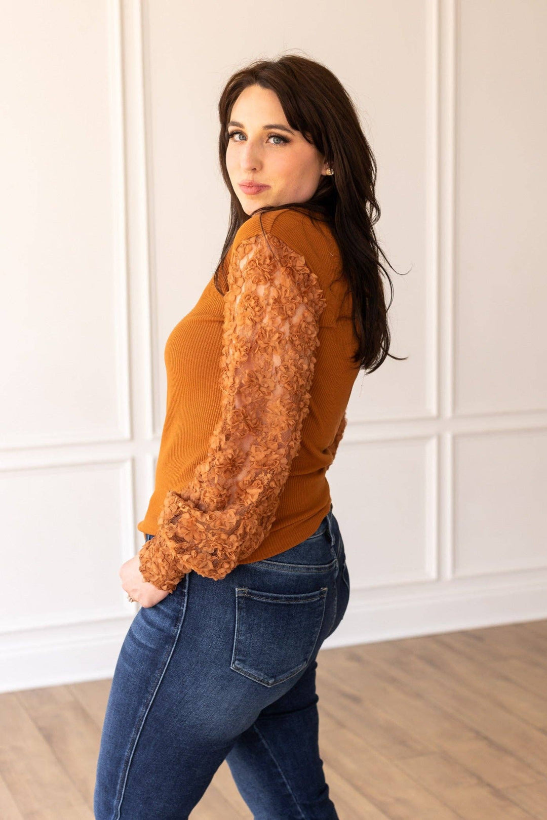 Miss Perfect Rust Floral Mesh Sleeve   Southern Grace