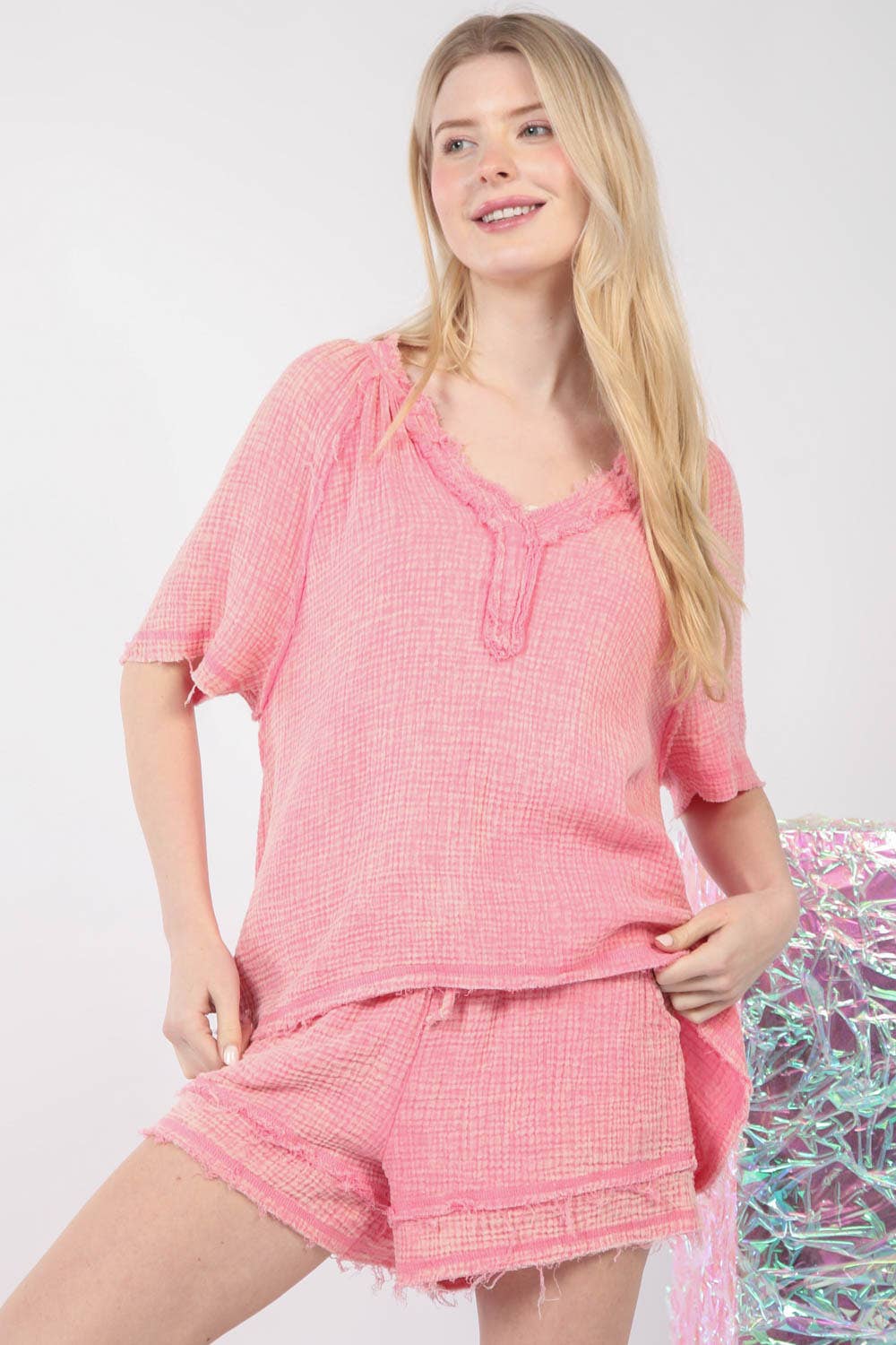 Washed Cotton Crinkle Gauze Top & Shorts Set    VERY J - NT11566SET-