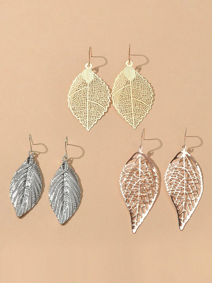 3pairs Gold Silver Hollow Mesh Leaf Dangle Drop Earrings Set  Feelontop Jewellery -