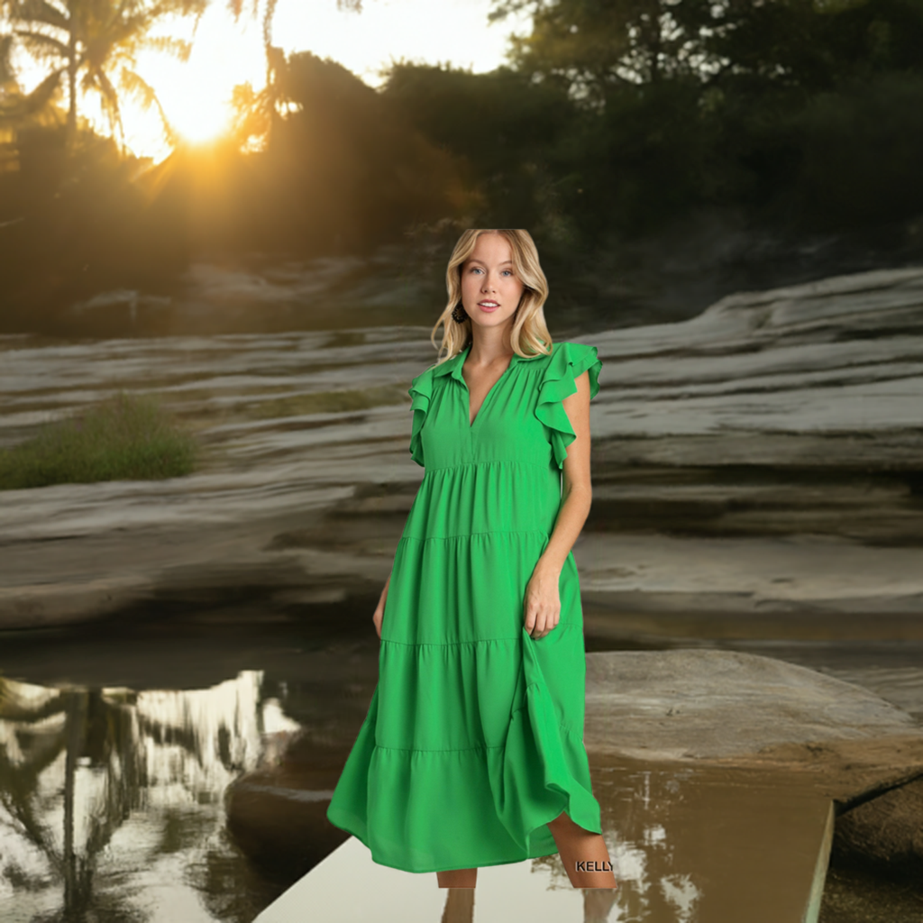 A-LINE COLLARD TIERED MIDI DRESS W/ RUFFLE IN KELLY GREEN