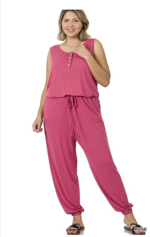 SLEEVELESS JOGGER JUMPSUIT PLUS SIZE IN ROSE COLOR